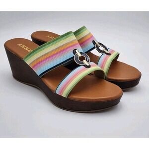 Anne‎ Klein Womens Hadya Wedge Sandal Sz 6.5/7 Leather Brown RAINBOW#989